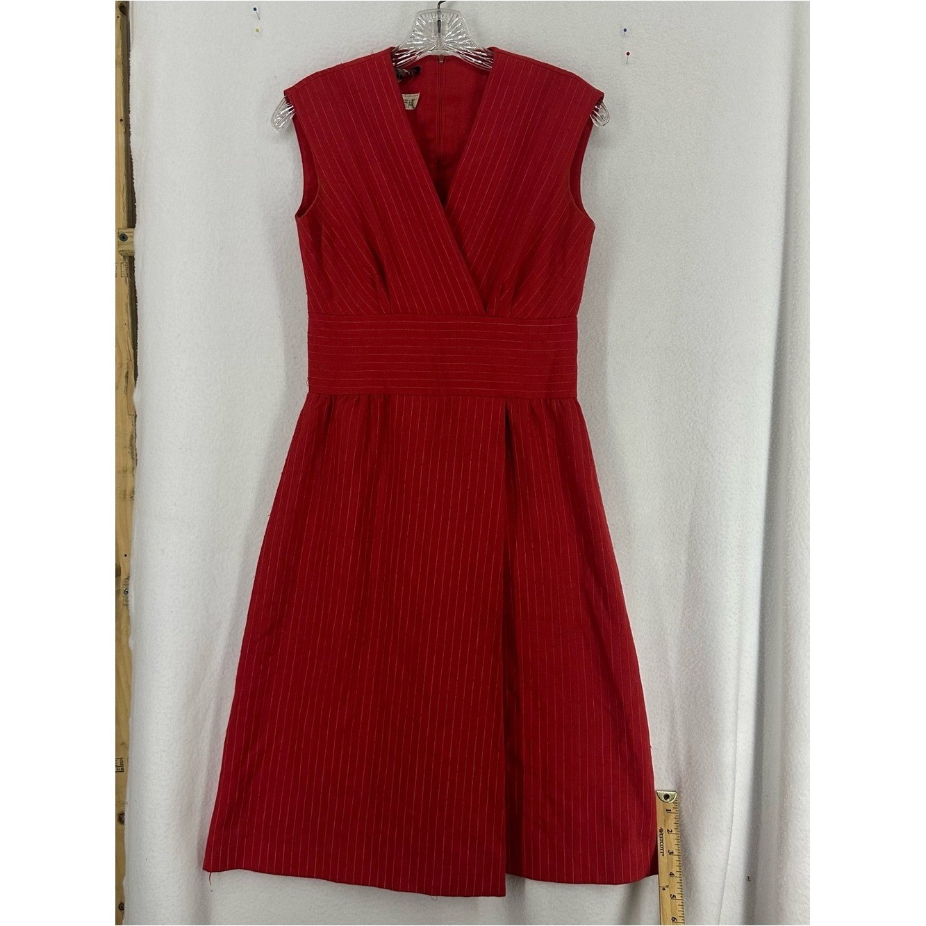 Vintage DW3 Red Pinstripe Wrap Sheath Midi Dress Women’s Size Small