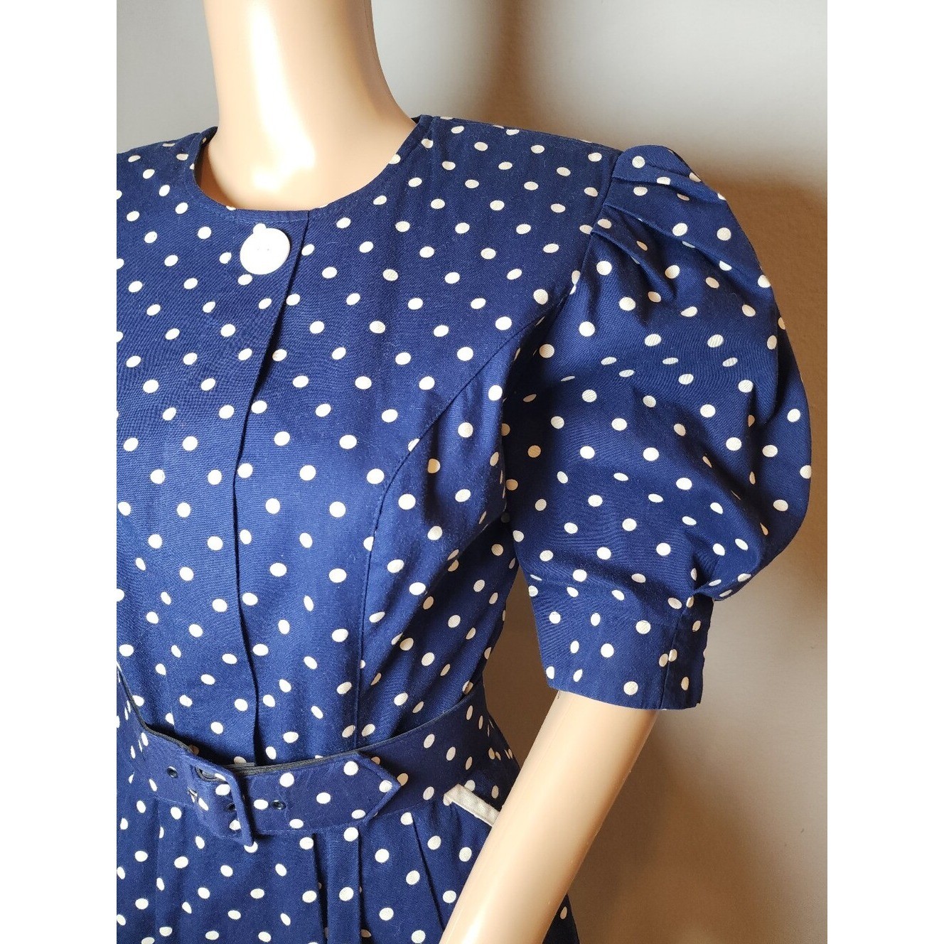 Vintage Choon California Dress Blue White Polka Dots Belt Pockets Est Size XS