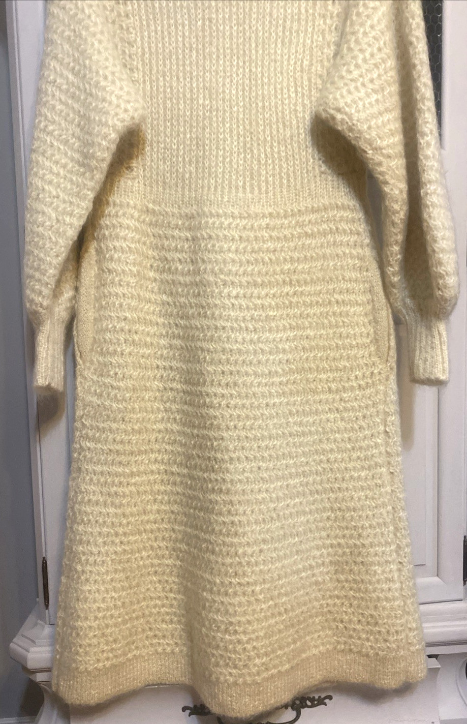 Vintage 60s_Ivory Long Mohair Wool High-Neck Capelet Collar Knit Coat, Sz S