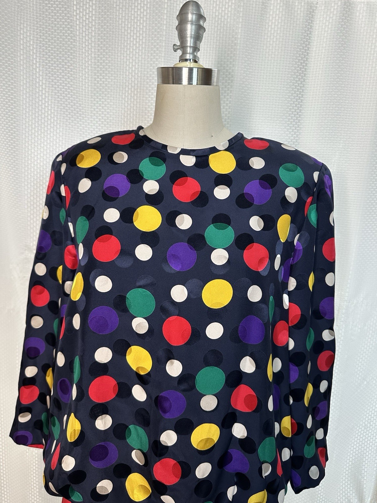 VINTAGE STANLEY SHERMAN SILK POLKA DOT LONG SLEEVE MIDI DRESS MULTICOLOR SIZE 10