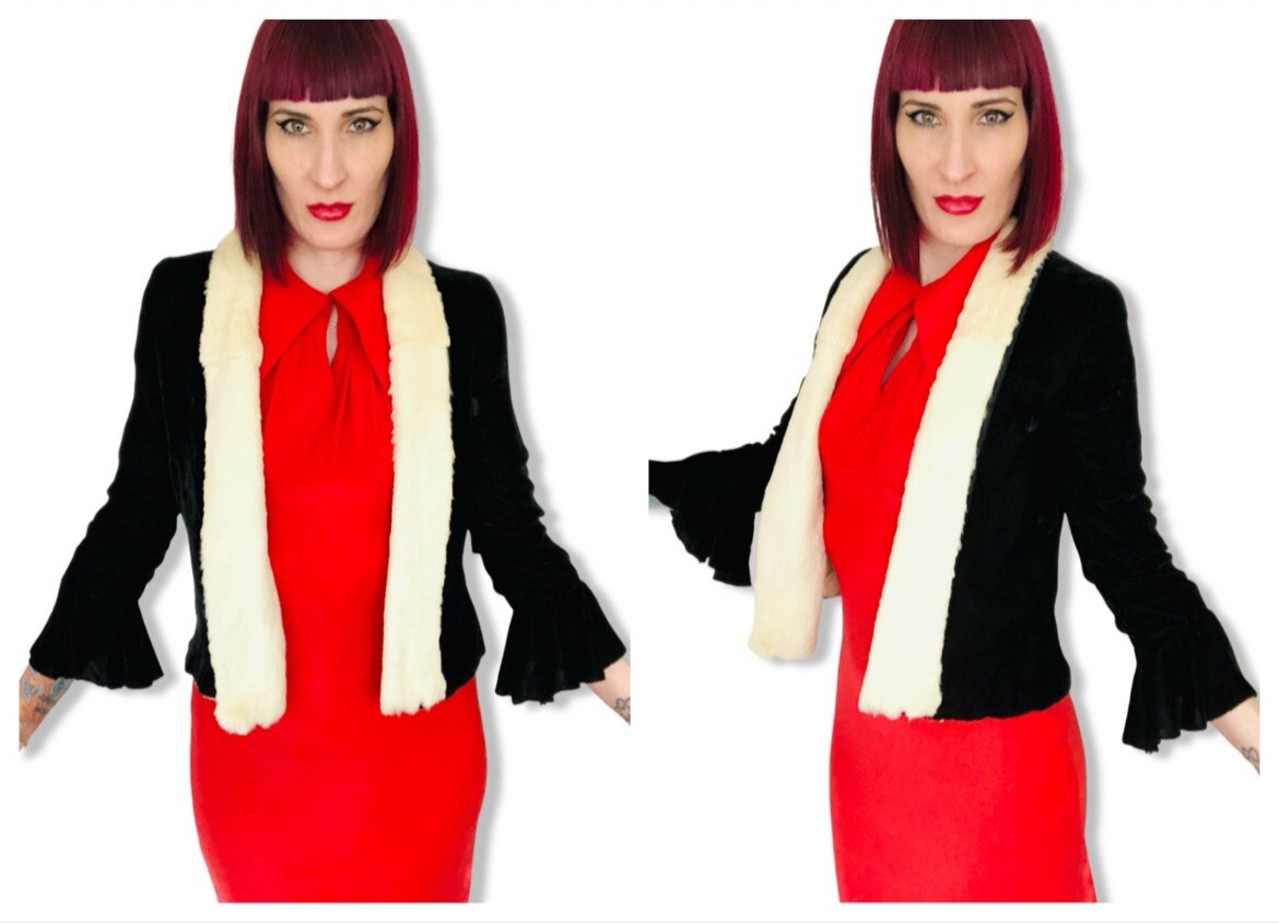Antique Vintage 1920s Black Silk Velvet Trumpet Sleeve Jacket White Ermine Fur