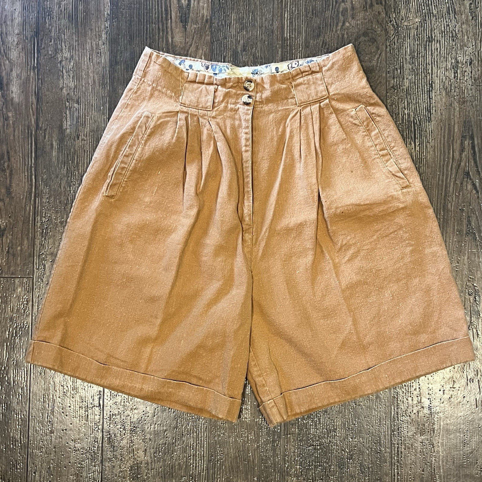 Vintage 90s Khaki Brown High Rise Pleated Front Cotton Ramie Shorts JJ Fargo SM