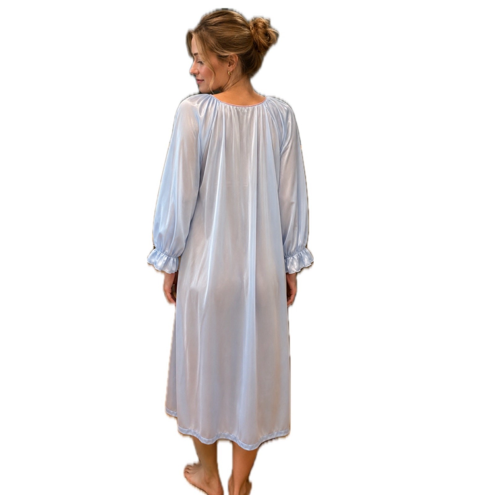 Vintage Vanity Fair Blue Nylon Nightgown Robe M Embroidered Floral USA ^