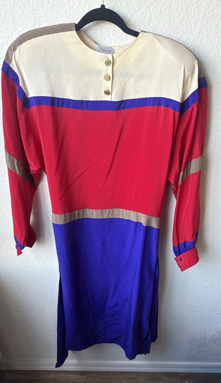 Vintage Francesca Of Damon Starington 100% Silk 1980s Color Block Dress Size 12