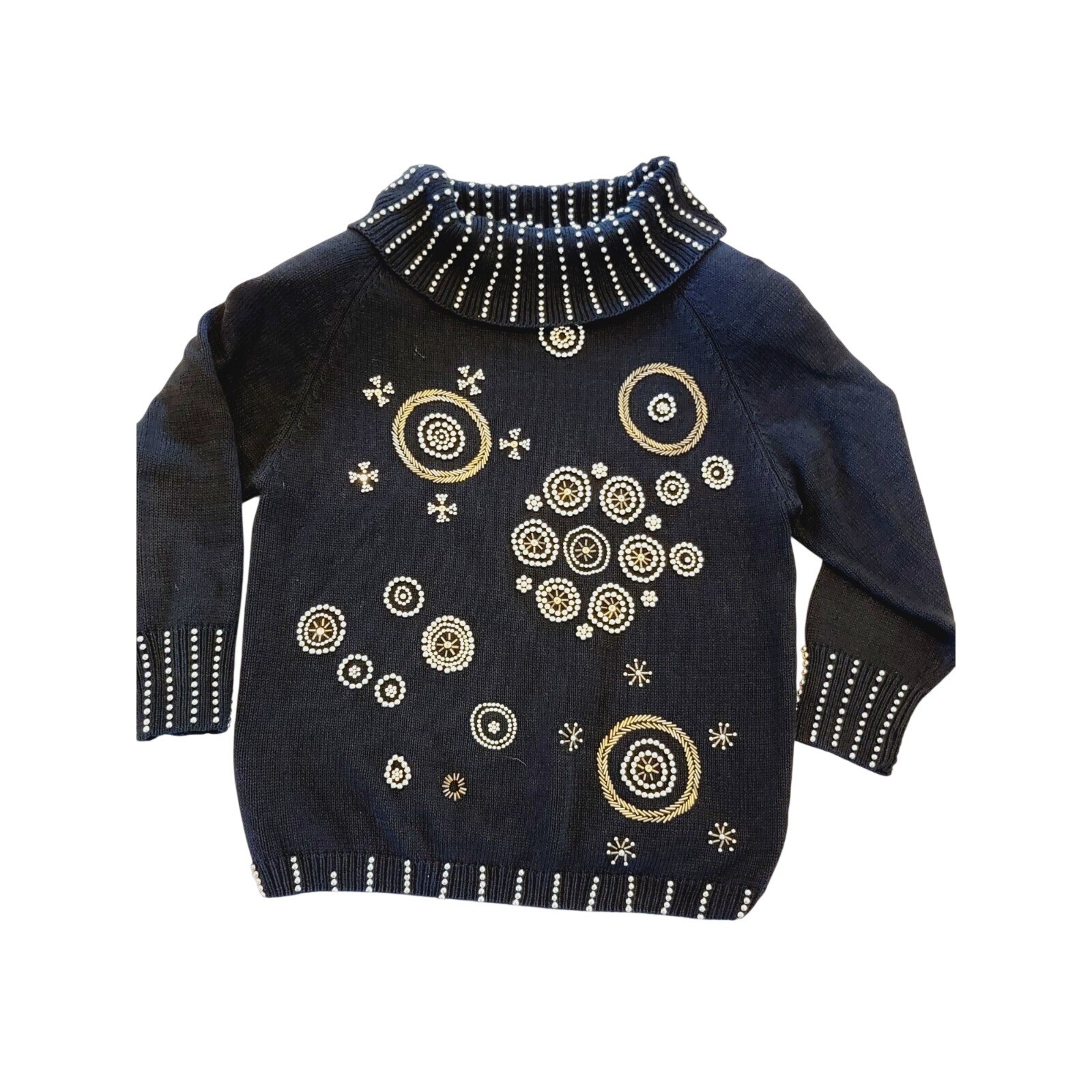 Victoria Harbour L Vintage Embellished Turtleneck Sweater Black Gold 80s Large