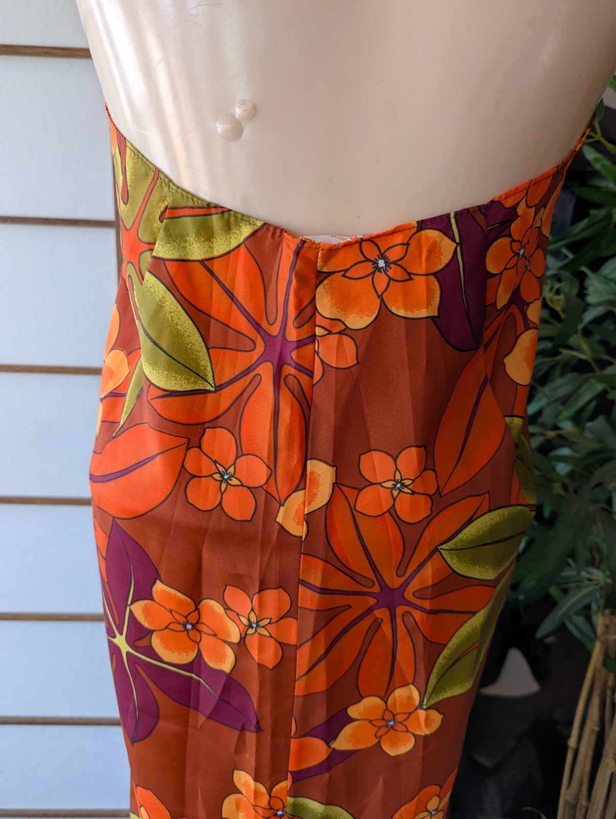 Vtg 1970s Pomare Tahiti Hawaiian Sarong Wrap Halter Dress Bright Orange L/XL