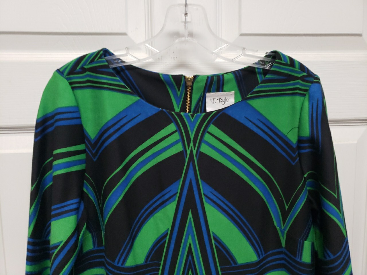 Vintage 90’s Dress Size 12 J. Taylor Green Blue Geometric 3/4 Sleeve Zipper Back