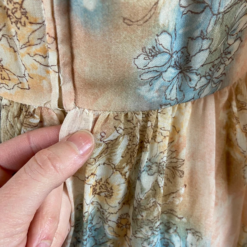 Vtg 70s Peach Pastel Ribbon Floral Spring Long Sheer Sleeve Maxi Dress Womens XS