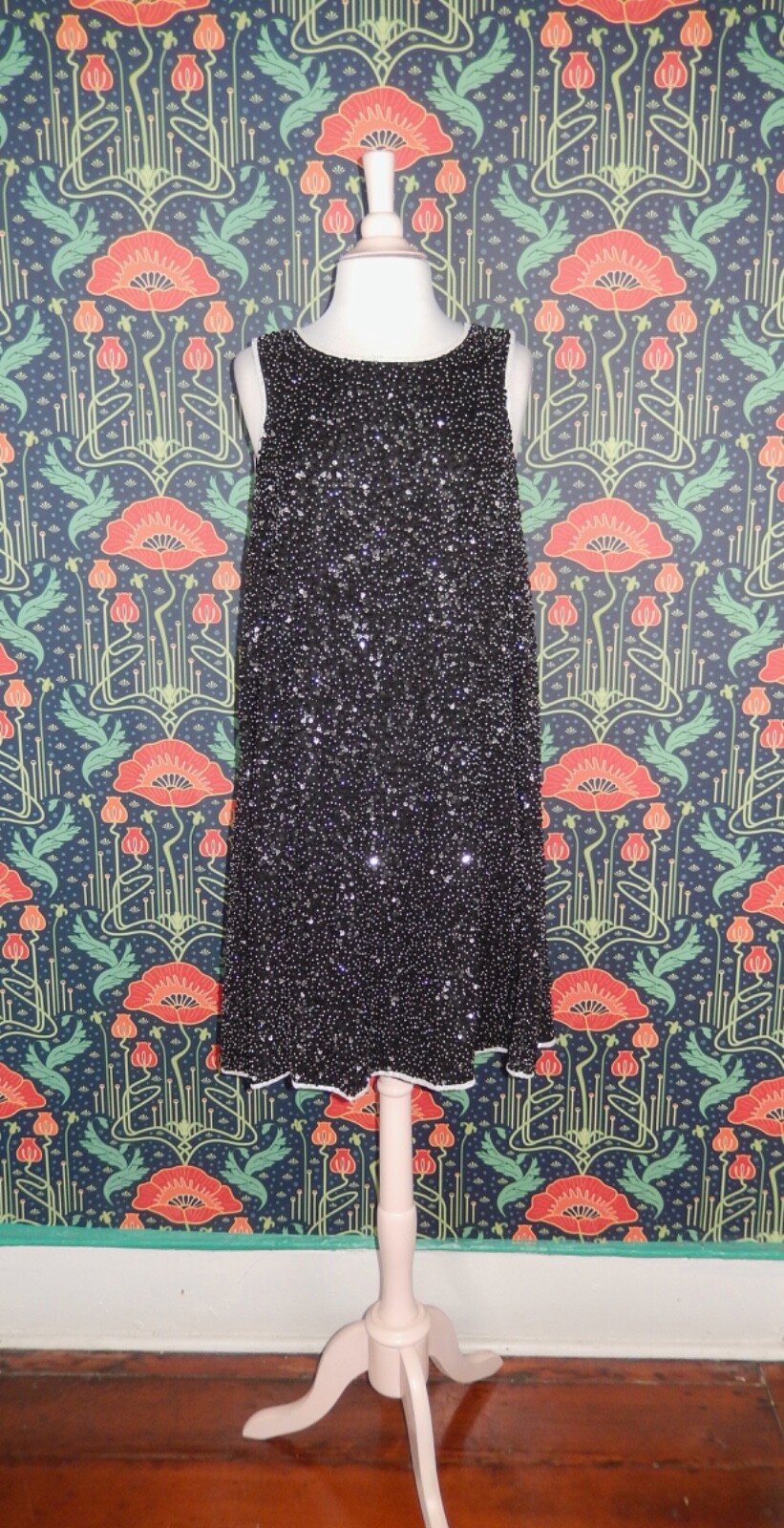 Vintage 90’s Y2K Black White Beaded Sequin A-Line Swing Party Cocktail Dress