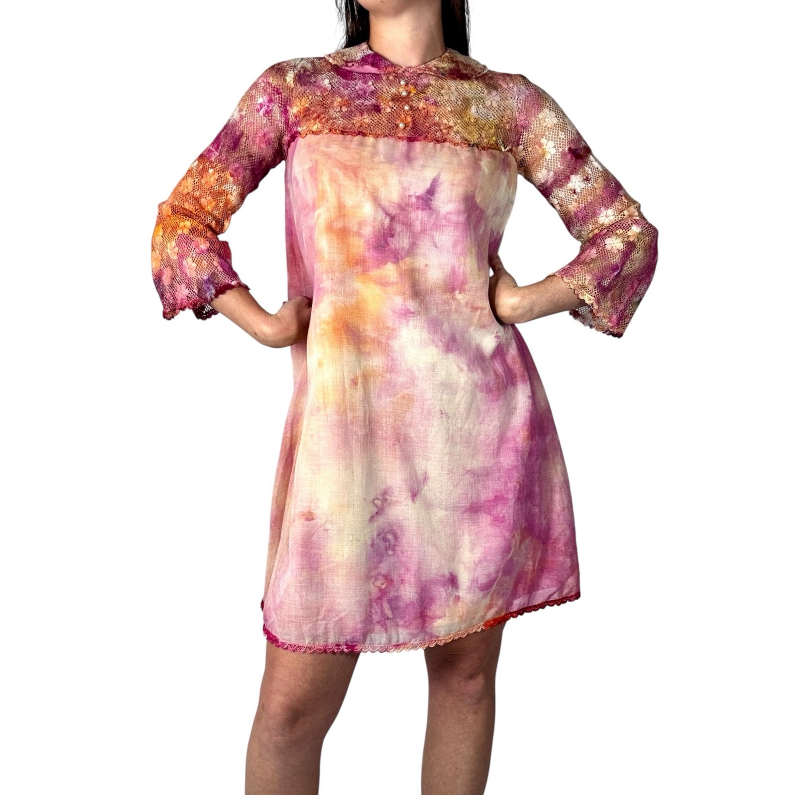 Vintage 1960s Hand Dyed Pink Orange Ice Dye Shift Dress Bell Sleeves Lace Yoke