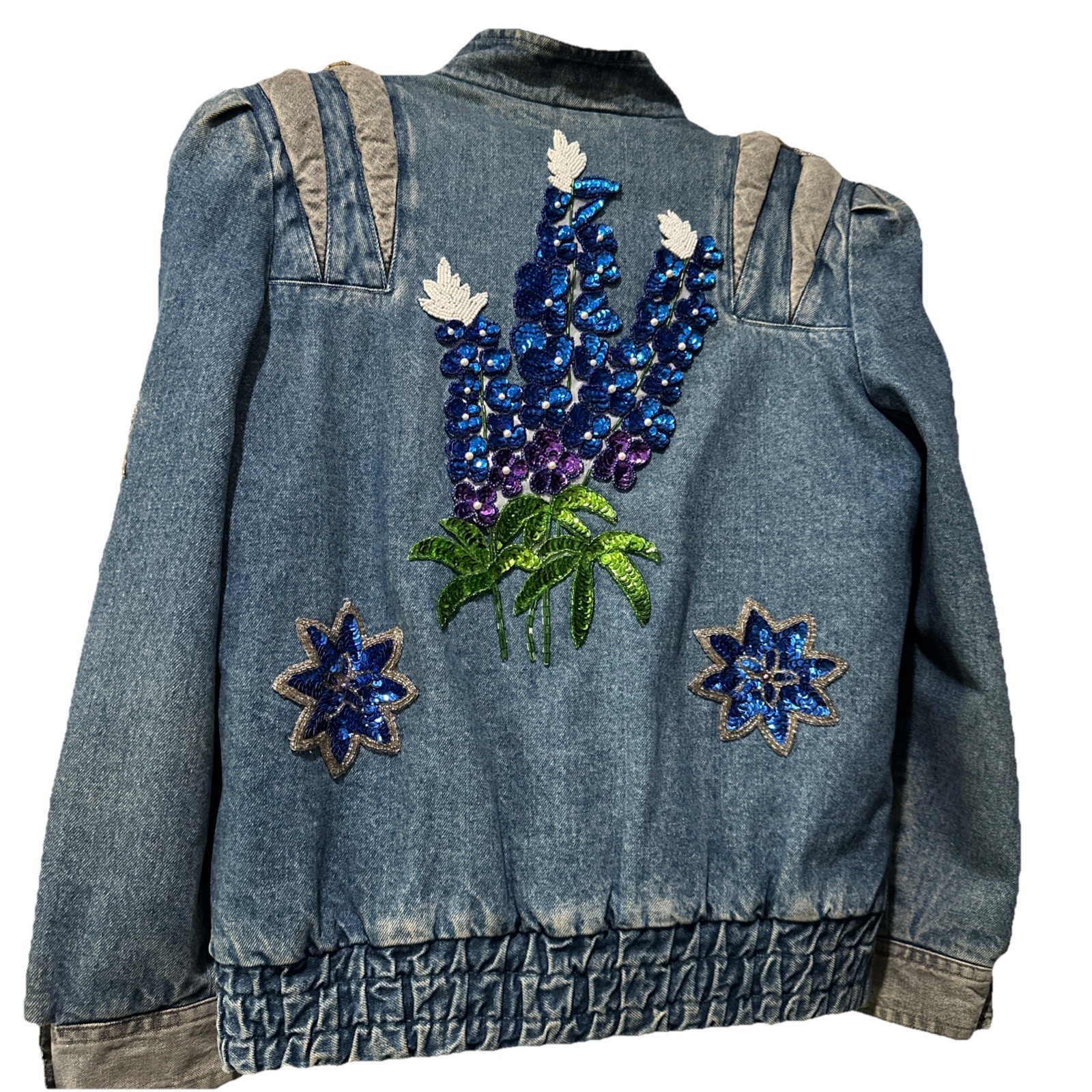 Vtg Mod Maid Denim Jacket Texas Bluebonnet Beaded Gold Fringe Western Cowgirl L
