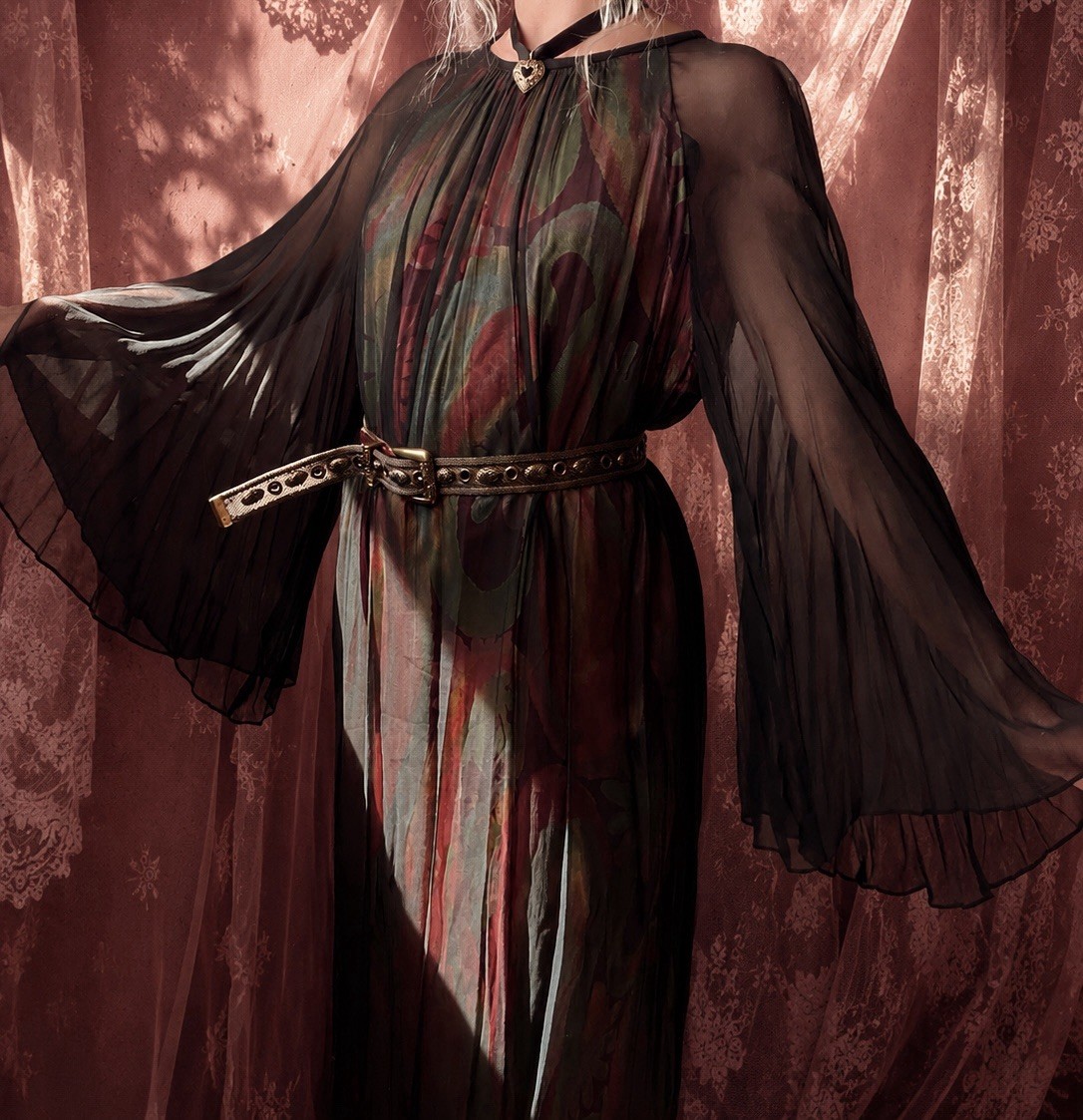 1960s ILGWU black silk bell sleeve volcano gown