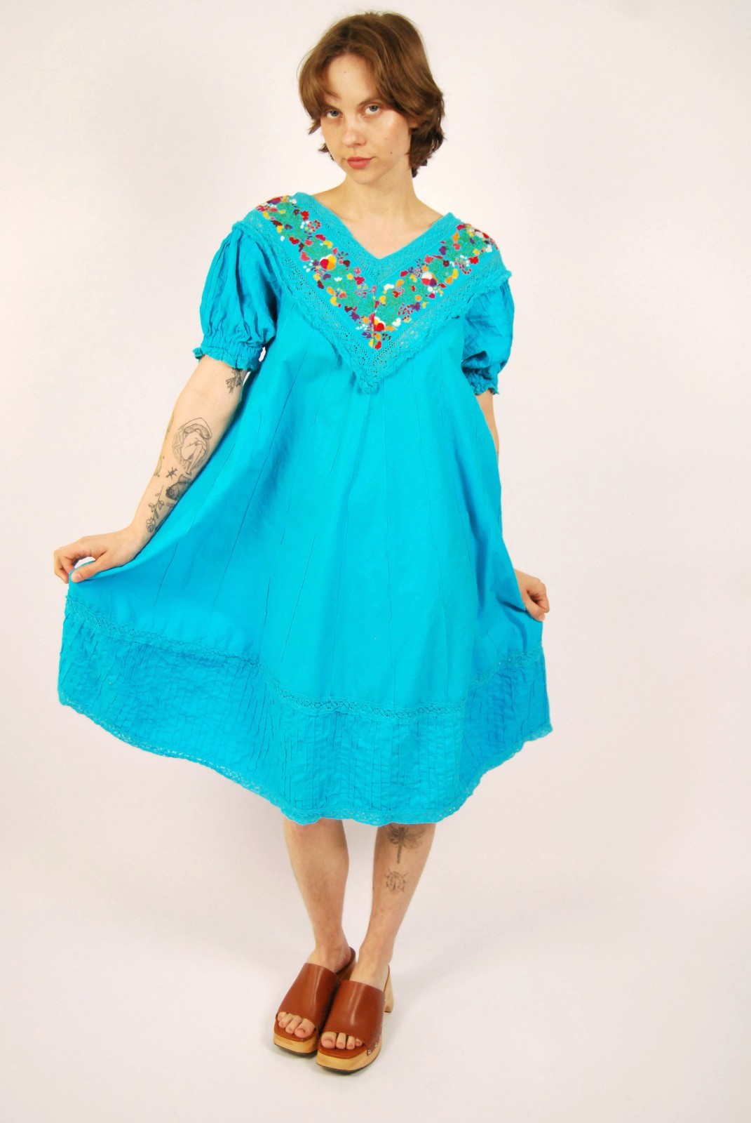 70s Mexican Embroidered Dress (L) large blue vintage shift floral boho sundress