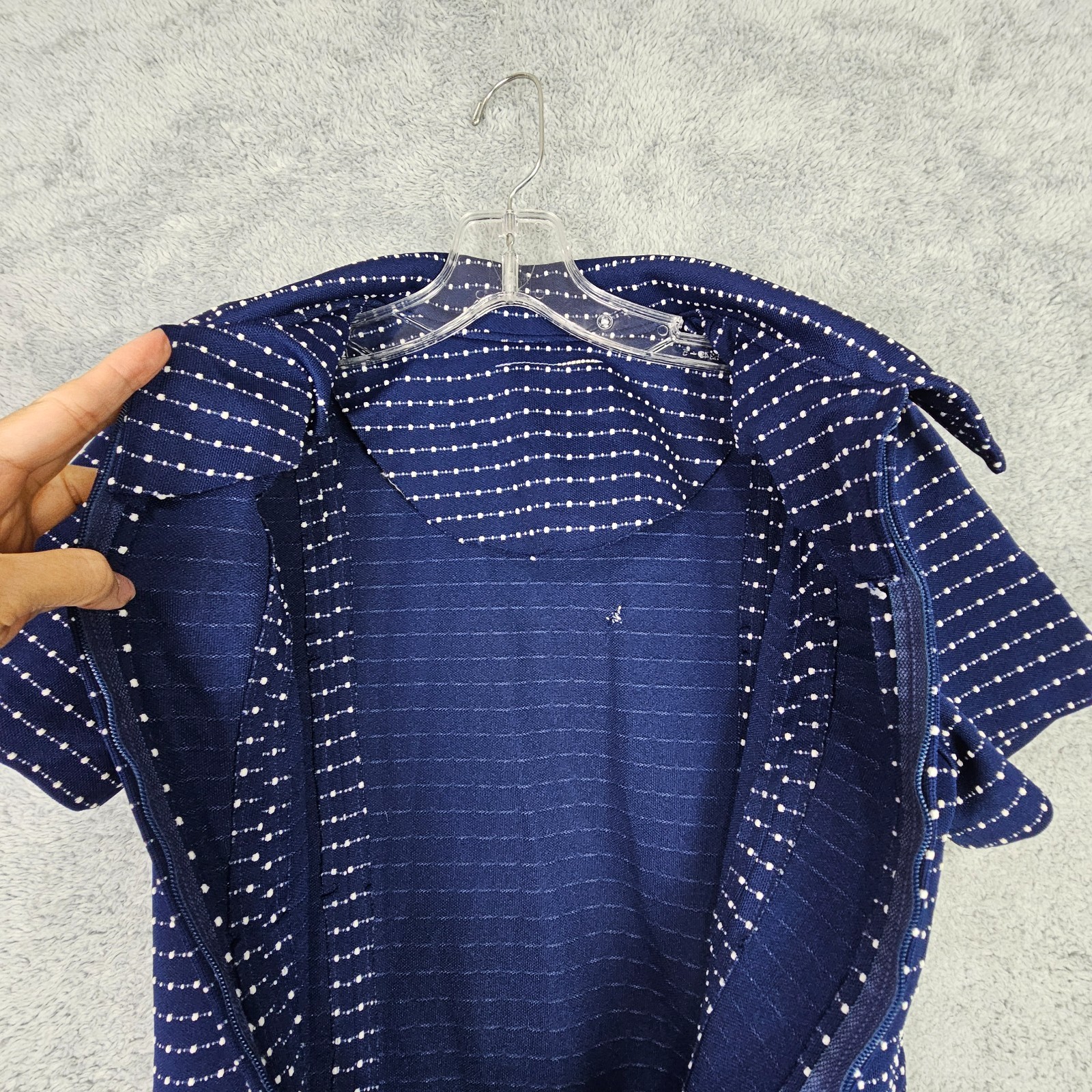 VTG 70s Womens Swing Dress S Blue Collared Zip Up Short Sleeve Inverted Pleats