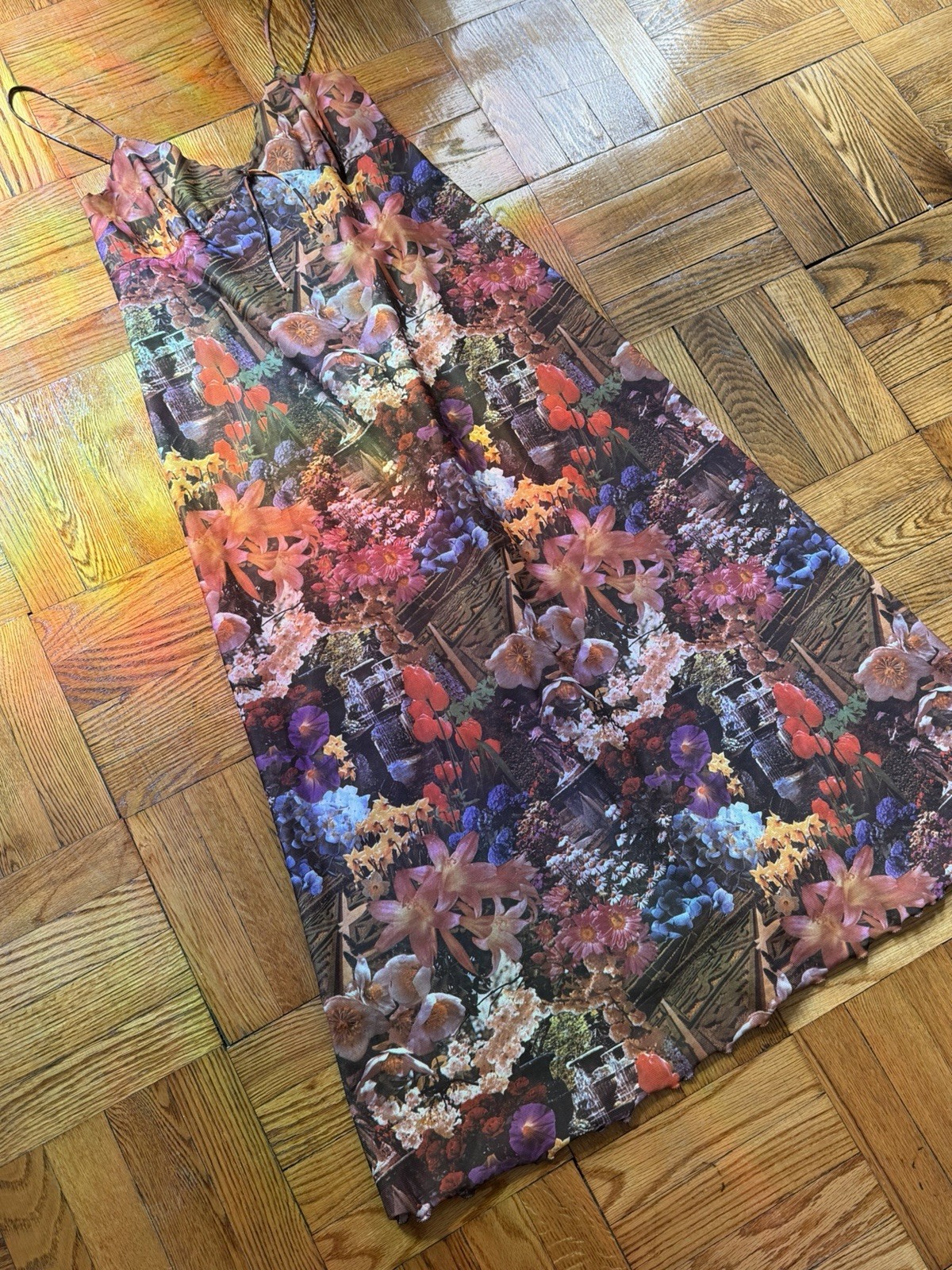 Vintage 70s Photo Print Polyester Floral Labyrinth Maxi A Line Dress Large
