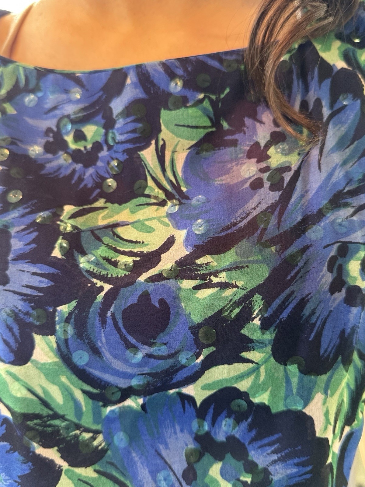 1960s Vintage Silk Chiffon Party DRESS Blue/Green Floral Lined Taffeta M Sequin
