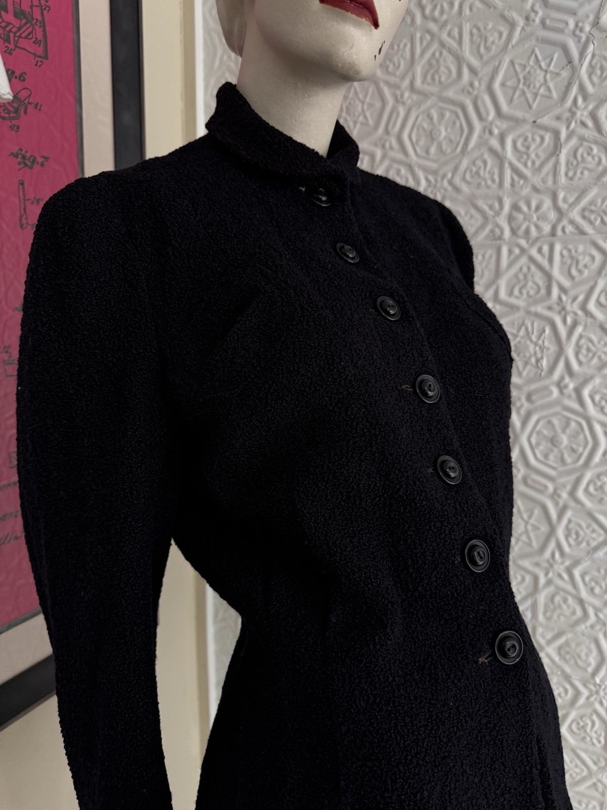 Vintage 1940s women’s black wool boucle jacket-Tailored gothic vamp Antique Fall