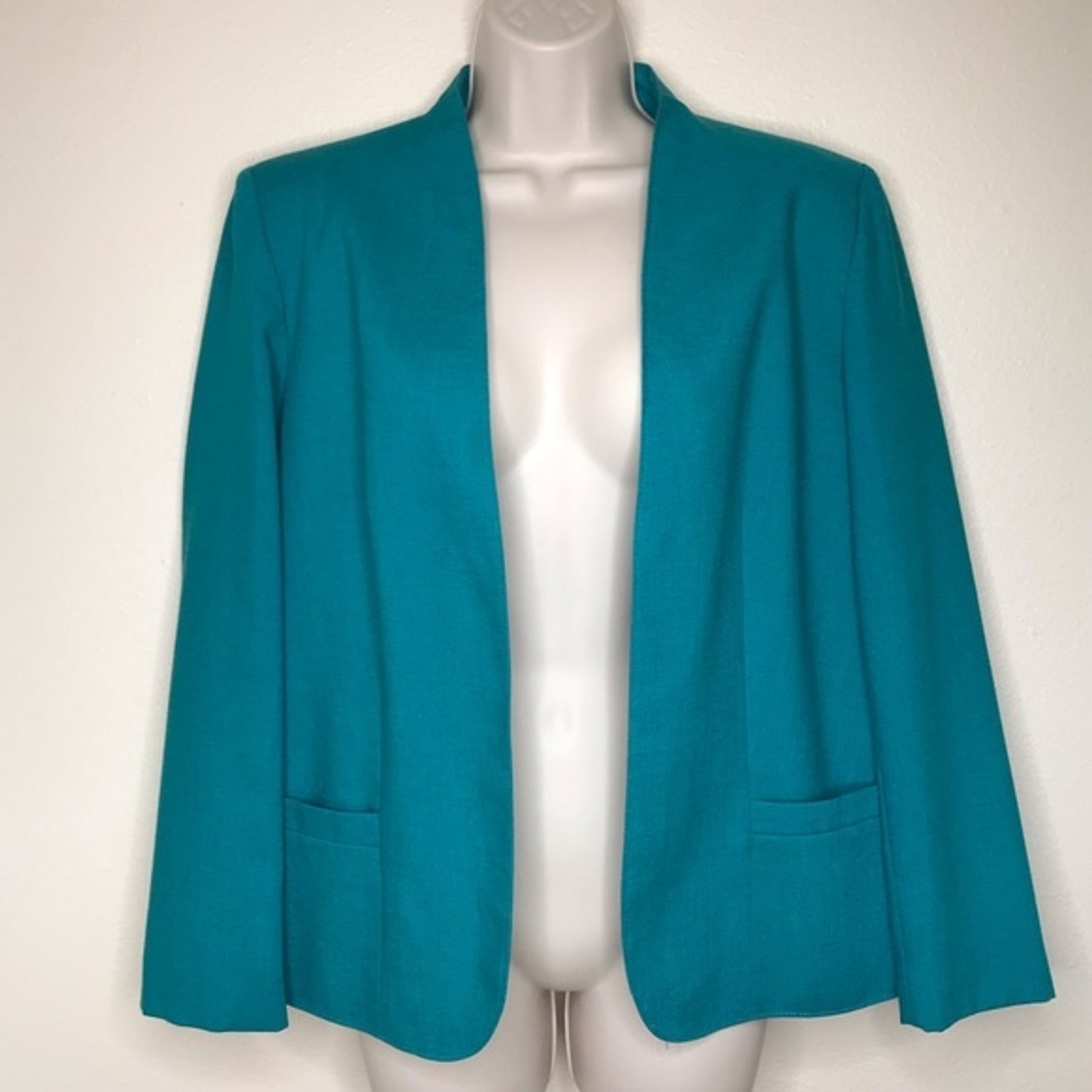 Vintage Tan Jay Div of Nygard Linen Blend Teal Open Front Blazer Jacket Women 12
