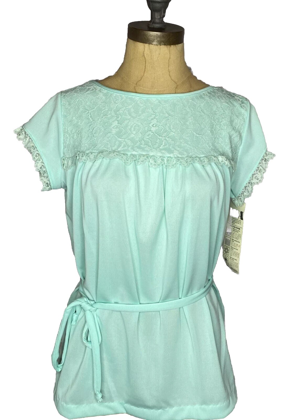 70’s Land n Sea Short Sleeve Blouse Poly Lace Mint Green Belted USA NOS