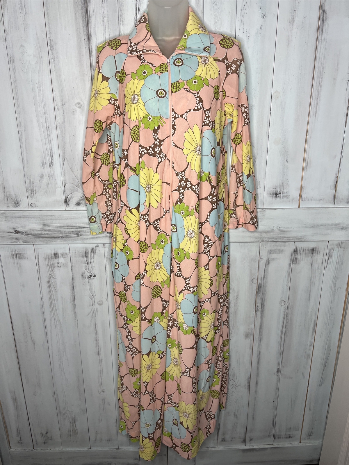 Vintage Leonora Retro Floral 100% Nylon Half Zip Robe Pocket Long Sleeve USA S