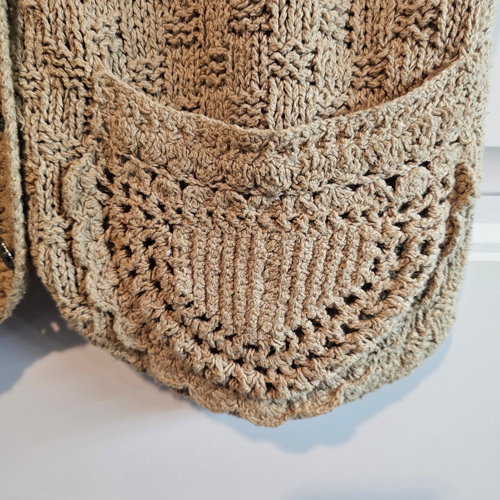 Vintage Cambridge Dry Goods Sweater Vest Women Lg Tan Floral 90s Crochet Cottage
