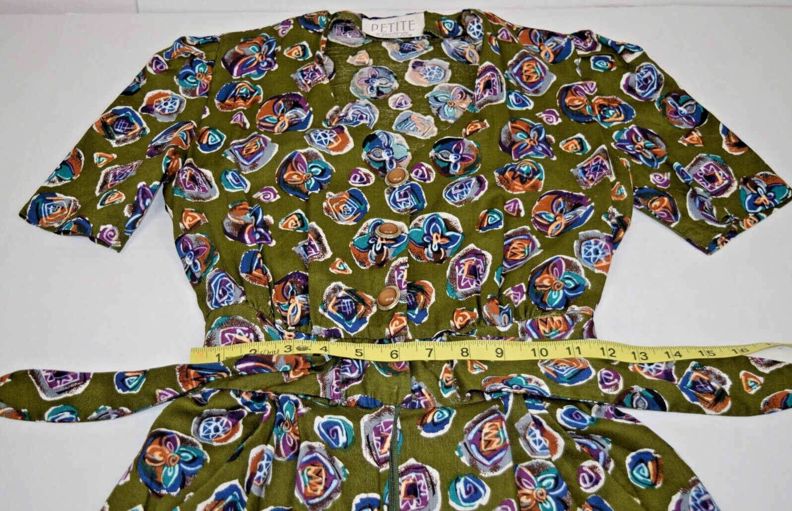 Vintage Romper Petite Sophisticate Size S 90s Olive Green Watercolor Rayon