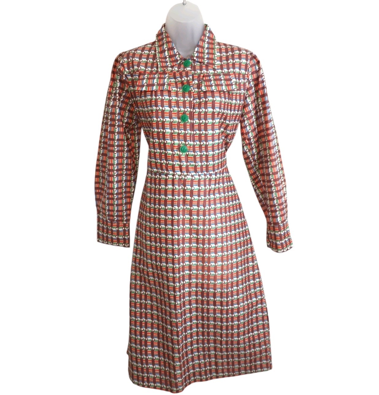 Vintage 70s Funky Mod Shirt Dress With Green Buttons Size Medium