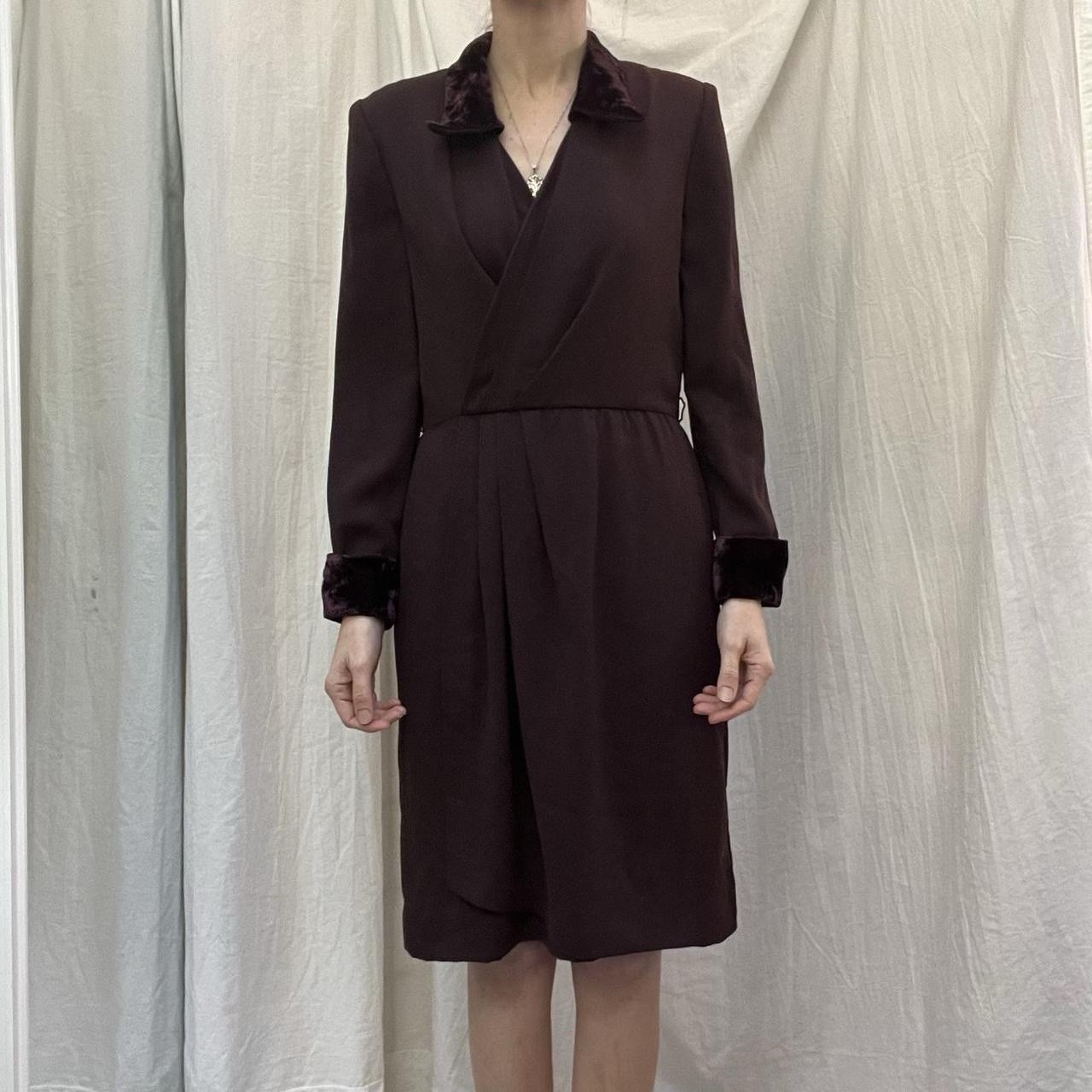 Dark Purple Long sleeve Dress W/ Velvet Collar & Cuffs Vintage 90s David Warren