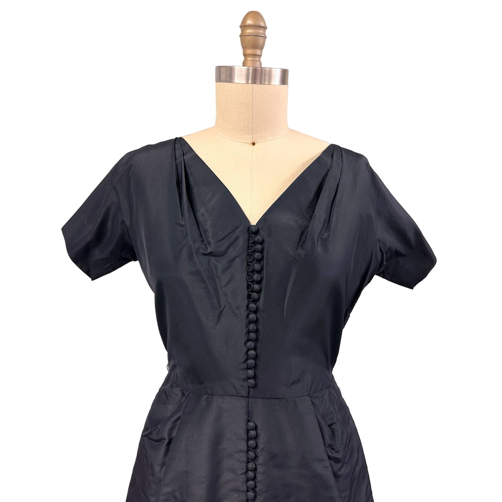VTG 50s Mary Sachs Black Silk Taffeta Couture LBD Rockabilly Glam M