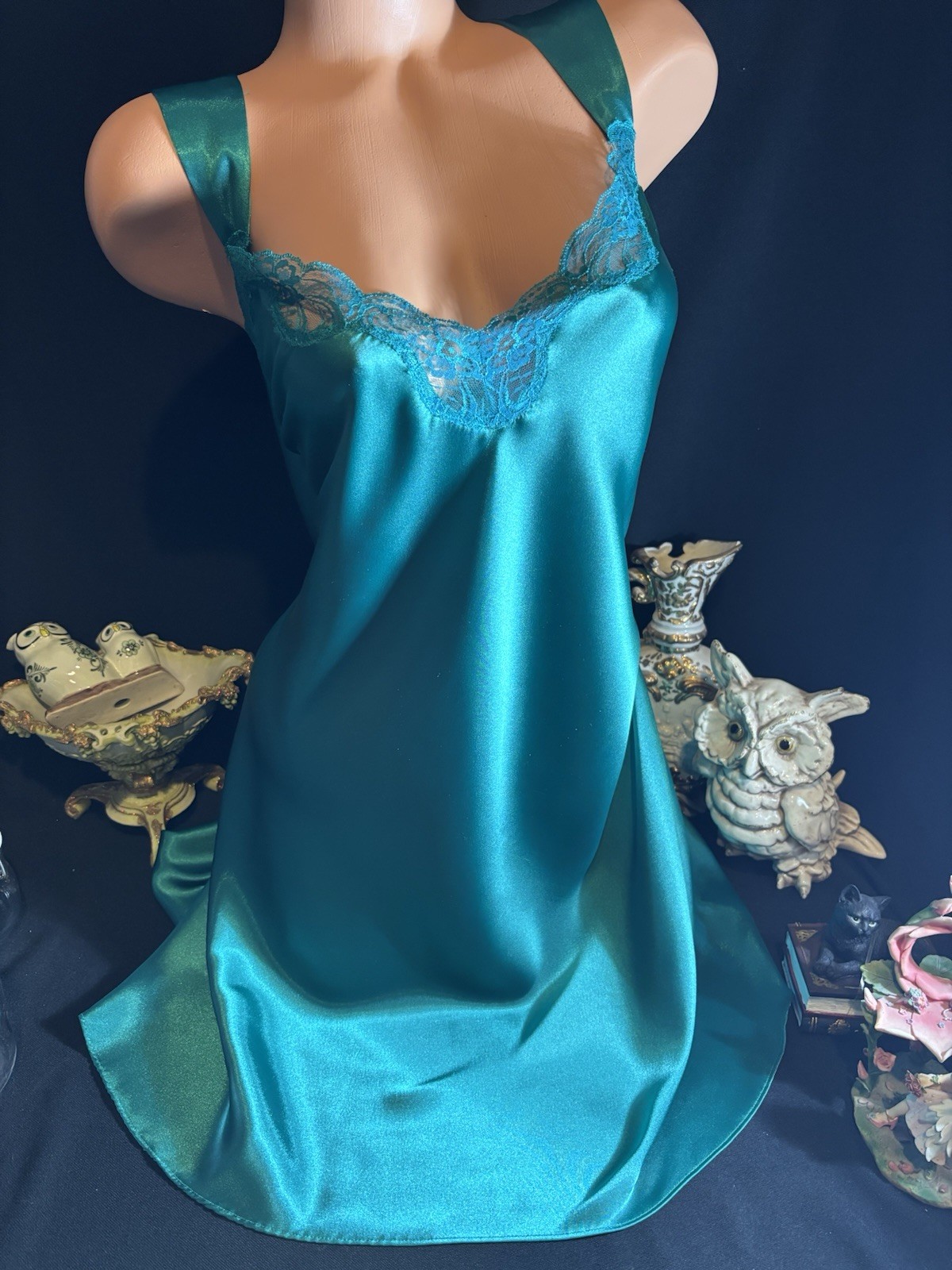 Vtg Satin Soft Shiny Emerald Green Nightie Chiffon Sheer Lace Babydoll Nightgown