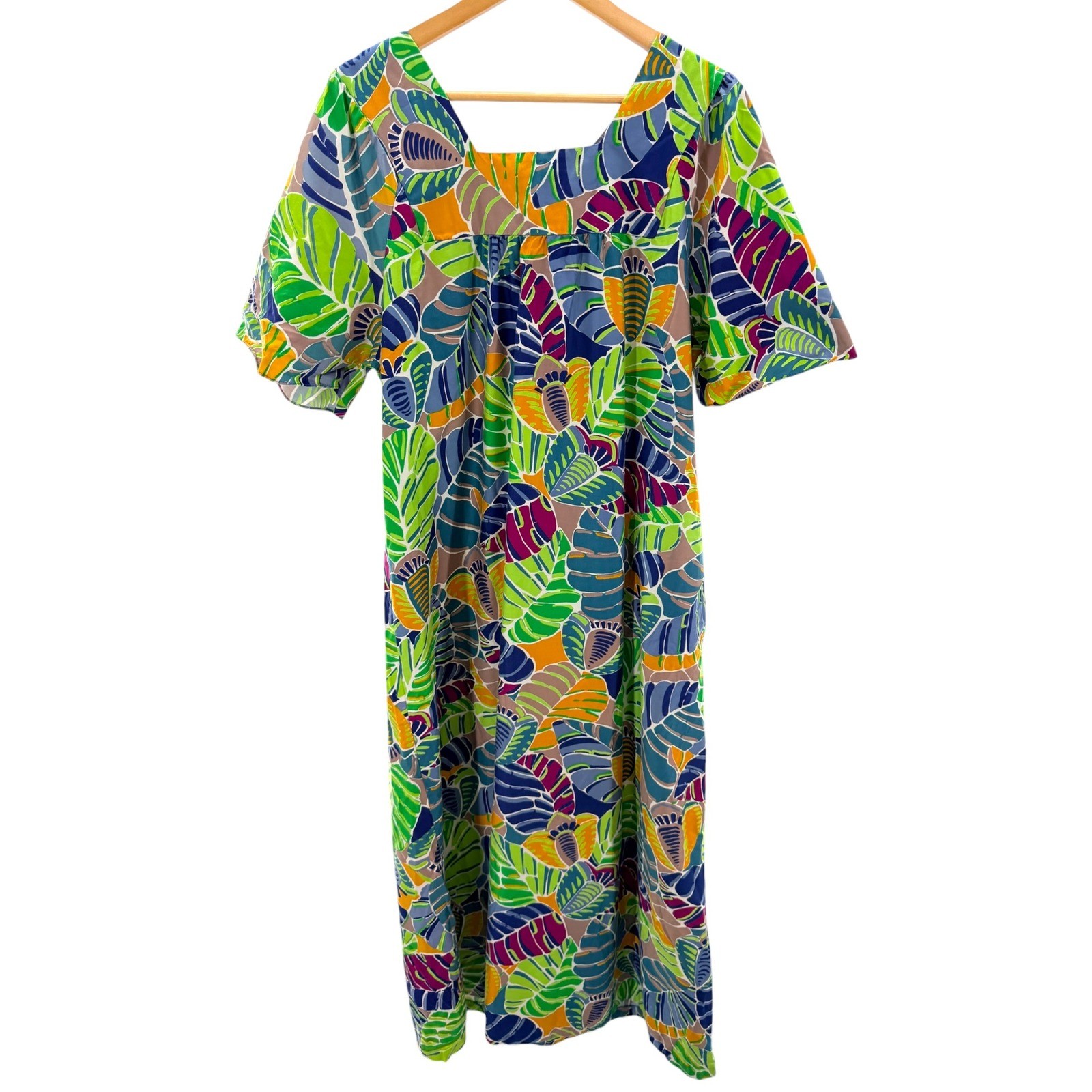 Vintage Sears Tropical Leaf Muumuu Dress Womens Medium M 100% Cotton Maxi Green
