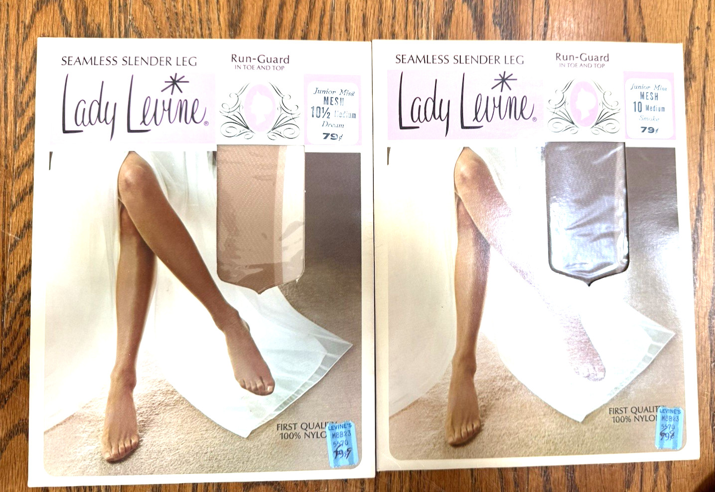 2 Pr Vintage LADY LEVINE Junior Miss Hose Mesh Nylons Smoke & Dream Sz M