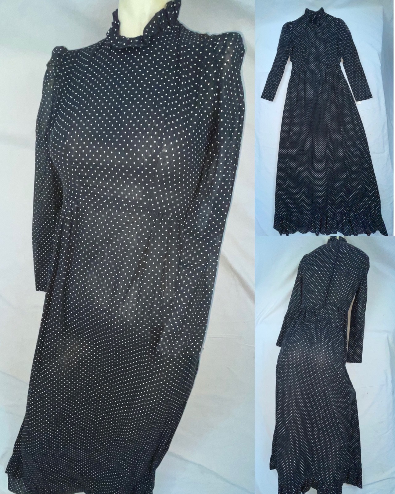 VTG 60S 70S DOES 40S WOMENS S BLACK POLKA DOT LONG HOUSE WORK DRESS