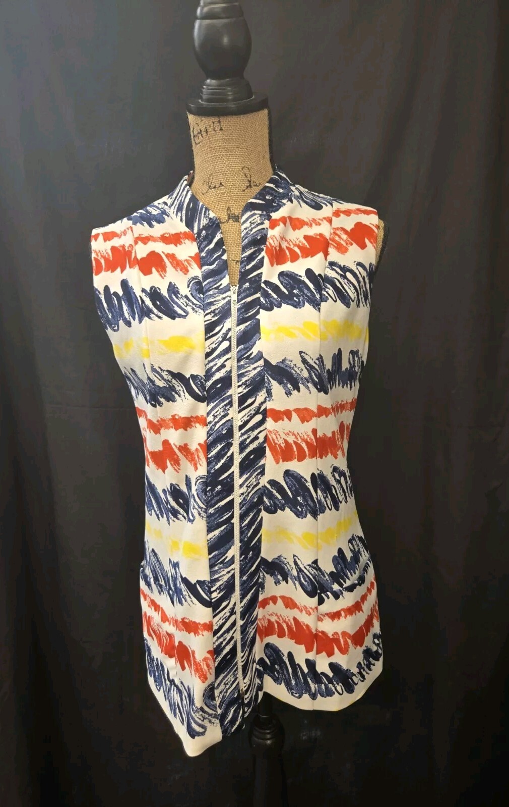 VTG 60s/70s Haymaker Colorful Sleeveless Tunic Dress Full Zip Sz M w/ POCKETS!