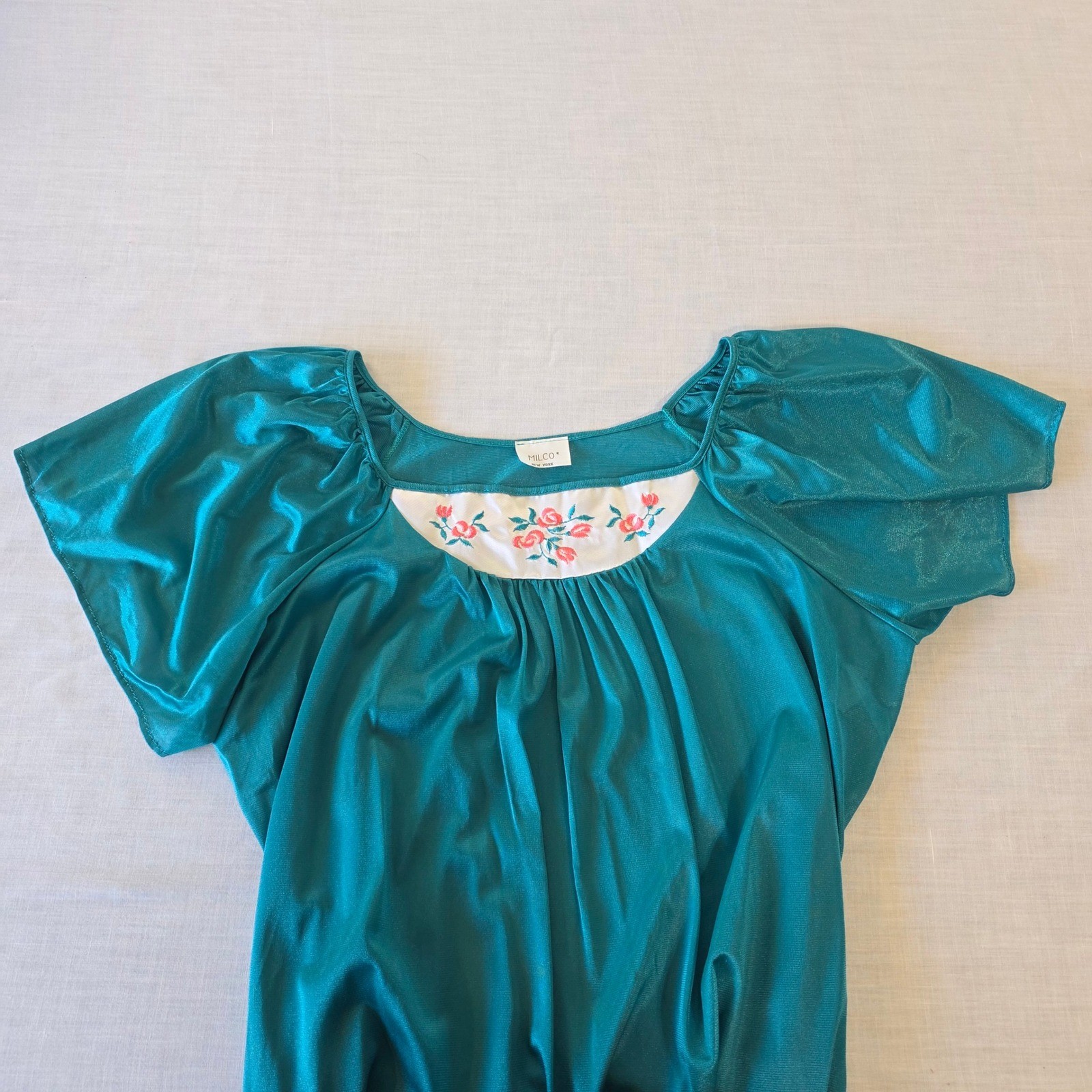 Milco Nightgown Vintage Floral Embroidered Shimmer Teal Large Lounge Dress 70s