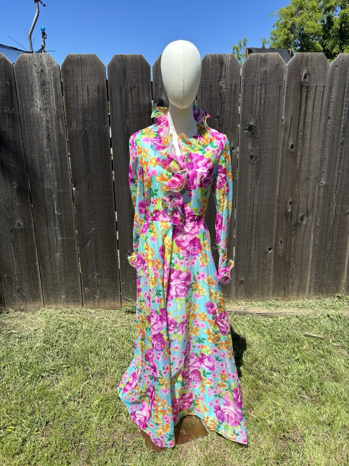 Vtg 60’s/70’s Henry Lee Bright Floral Ruffled Maxi Dress Psychedelic Fancy