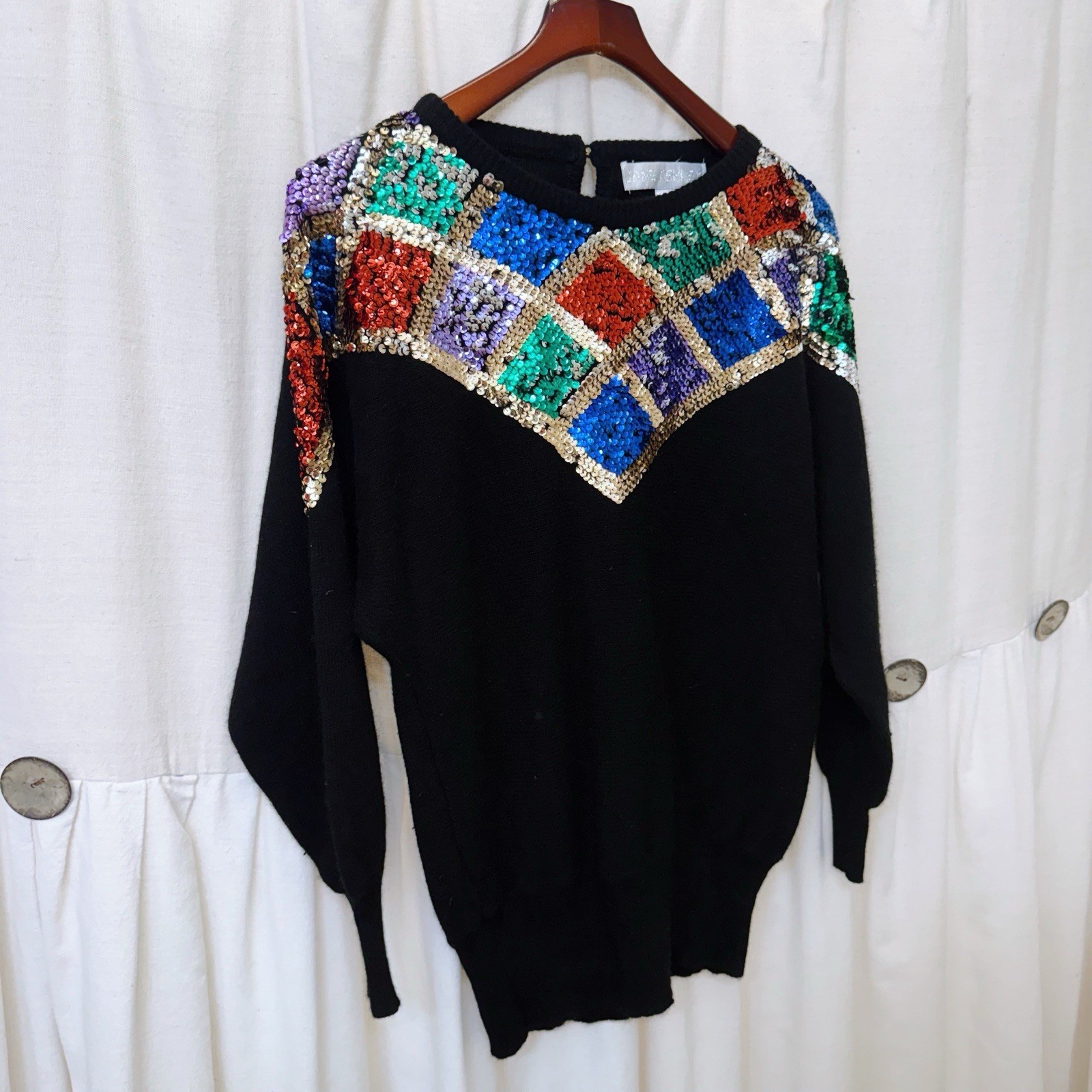 Vintage 1980’s Jane Ashley Women’s Size M Black Sequin Sweater Cinched Waist