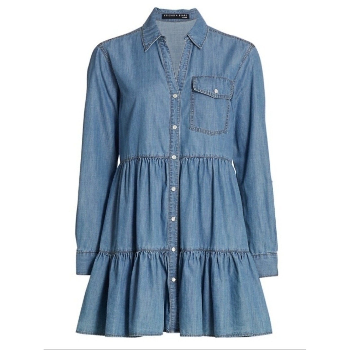 Veronica Beard Chambray Long Sleeve Ruffle Mini Dress Atari Size 0