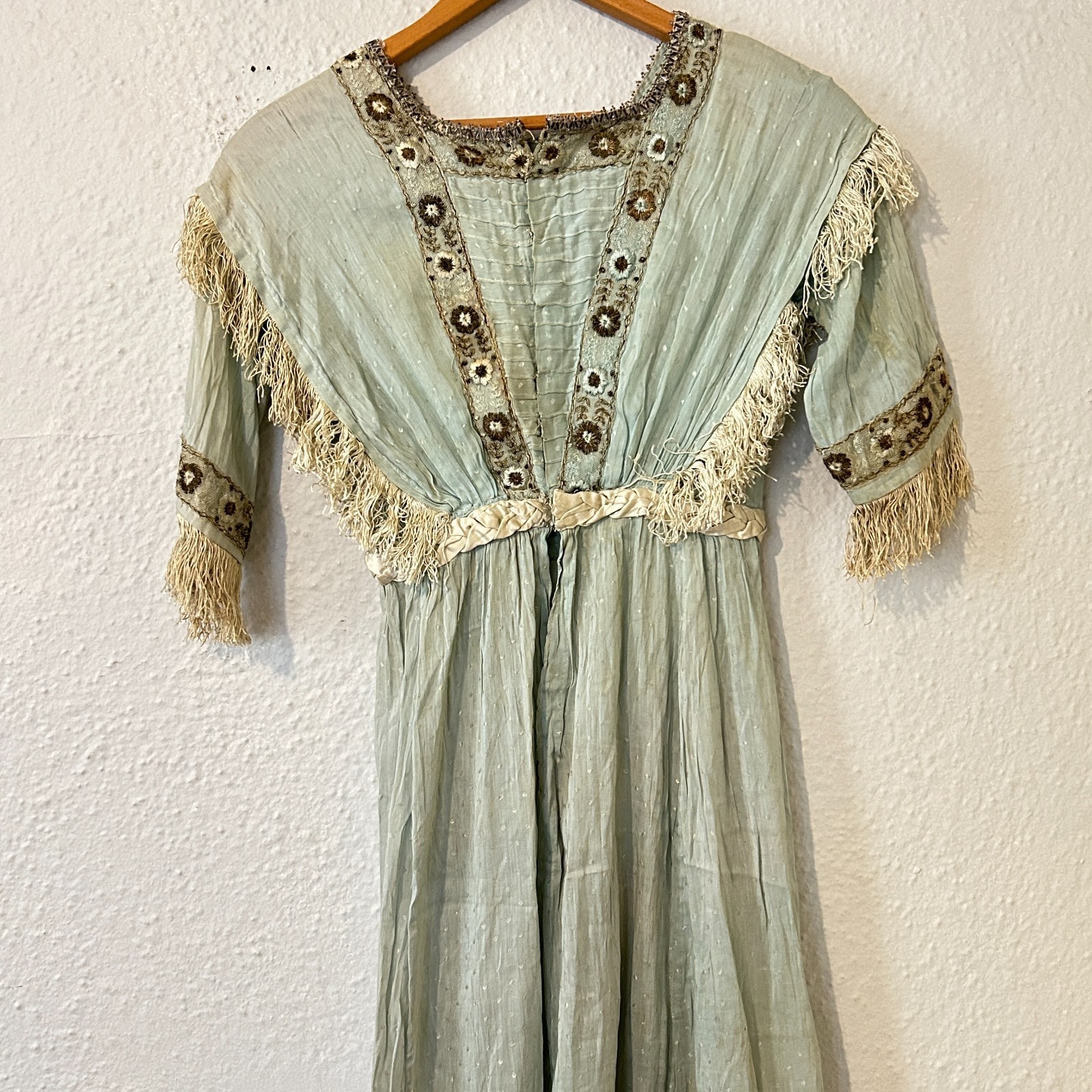READ AS IS Antique Edwardian Blue Dress Fringe Trim Embroidered Study Fragile
