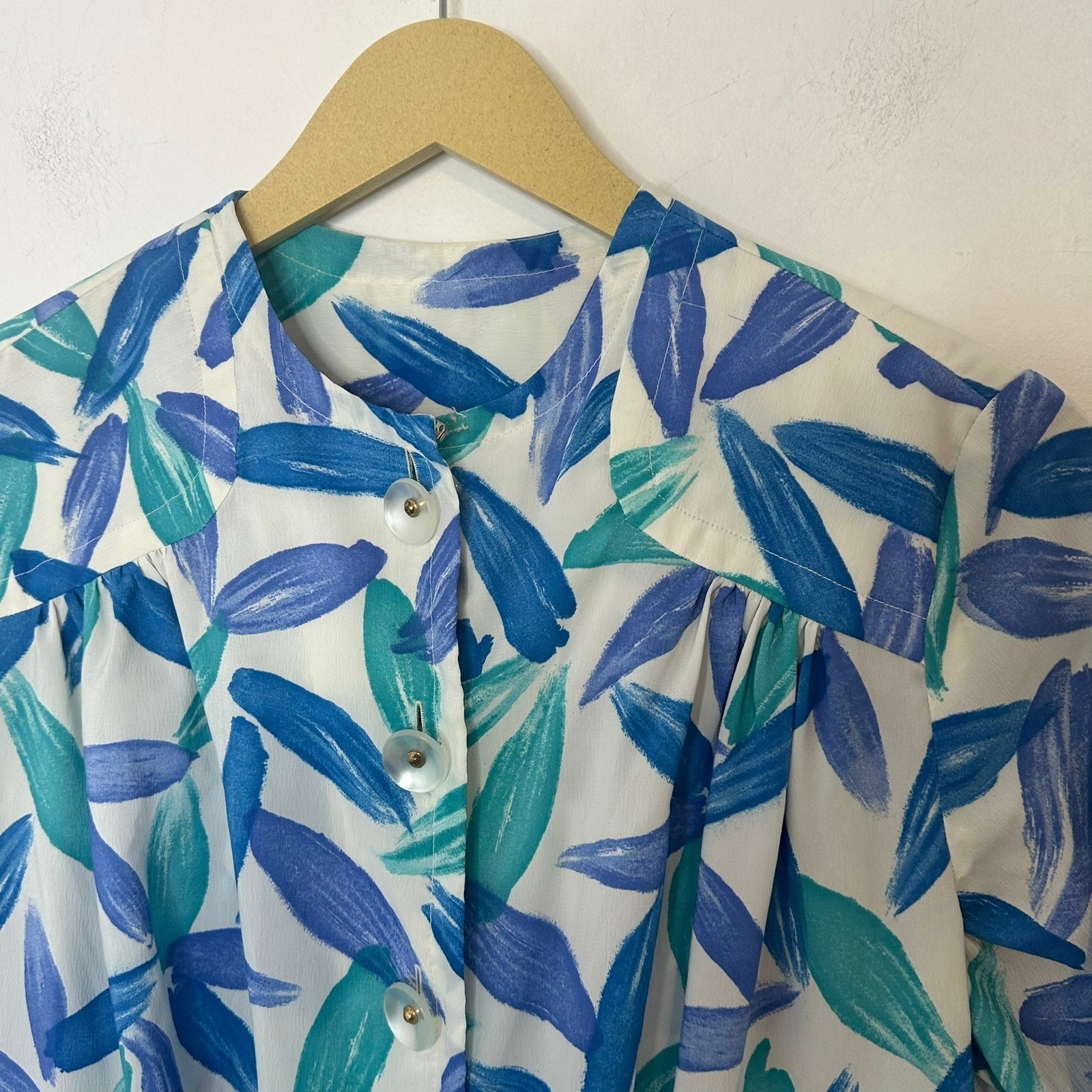 Vintage 80’s Floral Shirt Dress Women 6 Blue Teal Leaf Print Vintage Knee Length