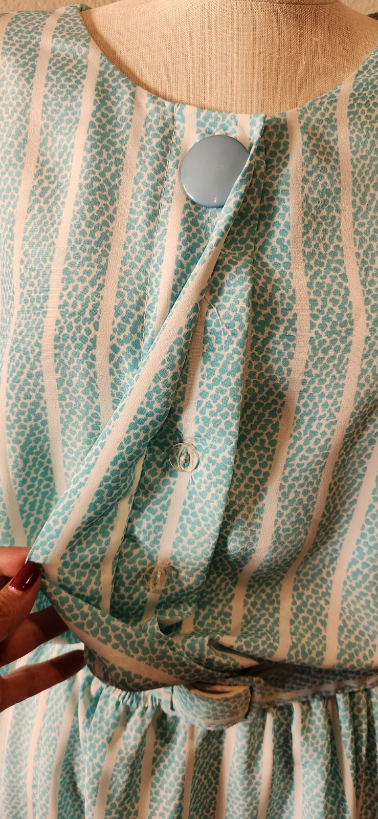 VtG Pellini 80s Aqua Blue And White Striped Belted Dress Shoulder Pads 13/14