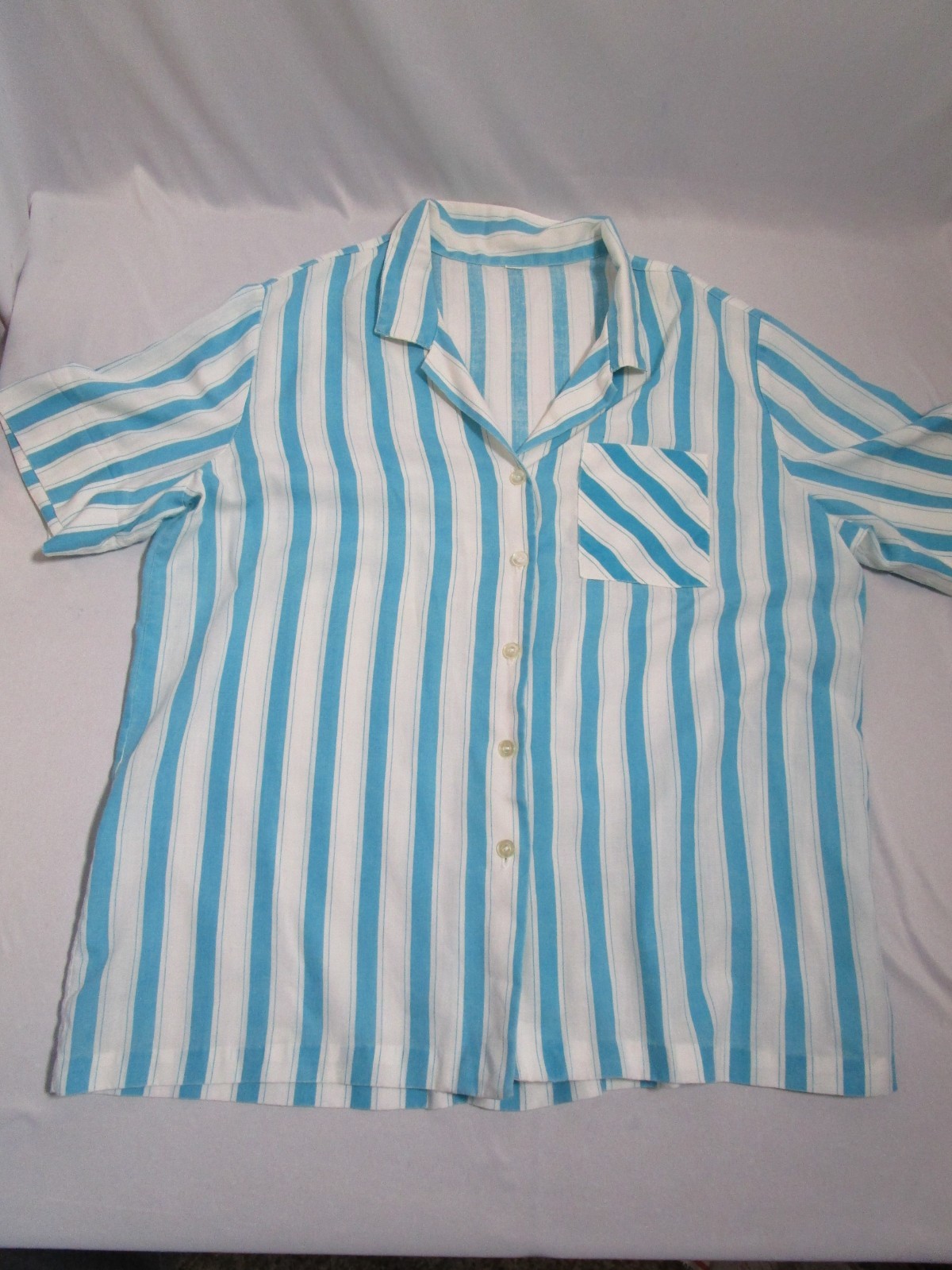 Handmade Vintage Single Stitch Light Turquoise Button Up Short Sleeve Blouse L