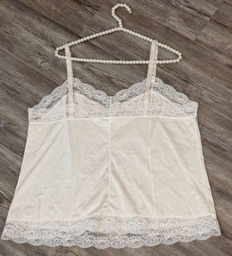VTG 90’s Sliperfection Women’s White Satin Lace USA Made Spaghetti Strap Cami 2X
