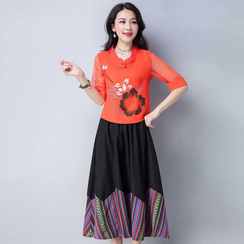 Chinese Blouse Flower Print Cotton Linen Oriental Hanfu Shirt Oriental Tang Suit