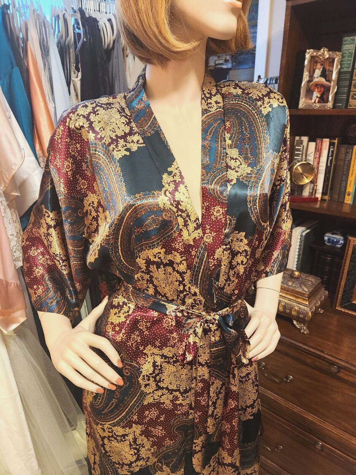 Vtg Sz L California Dynasty Shiny Green Wine Multi Paisley Satin Wrap Robe