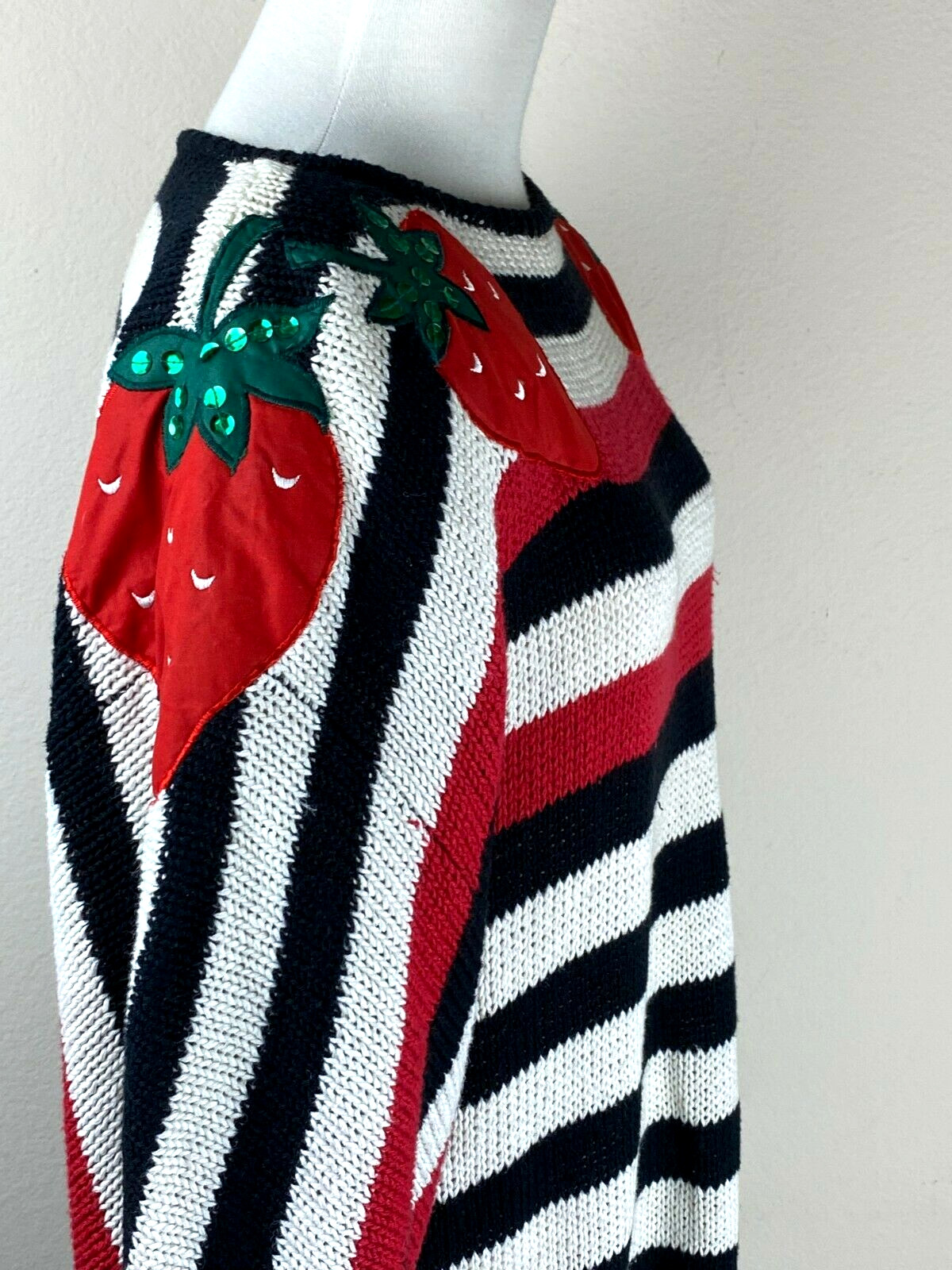 VTG 80s Bonnie Boerer Grannycore Batwing Chunky Sweater S Red Black Striped Knit