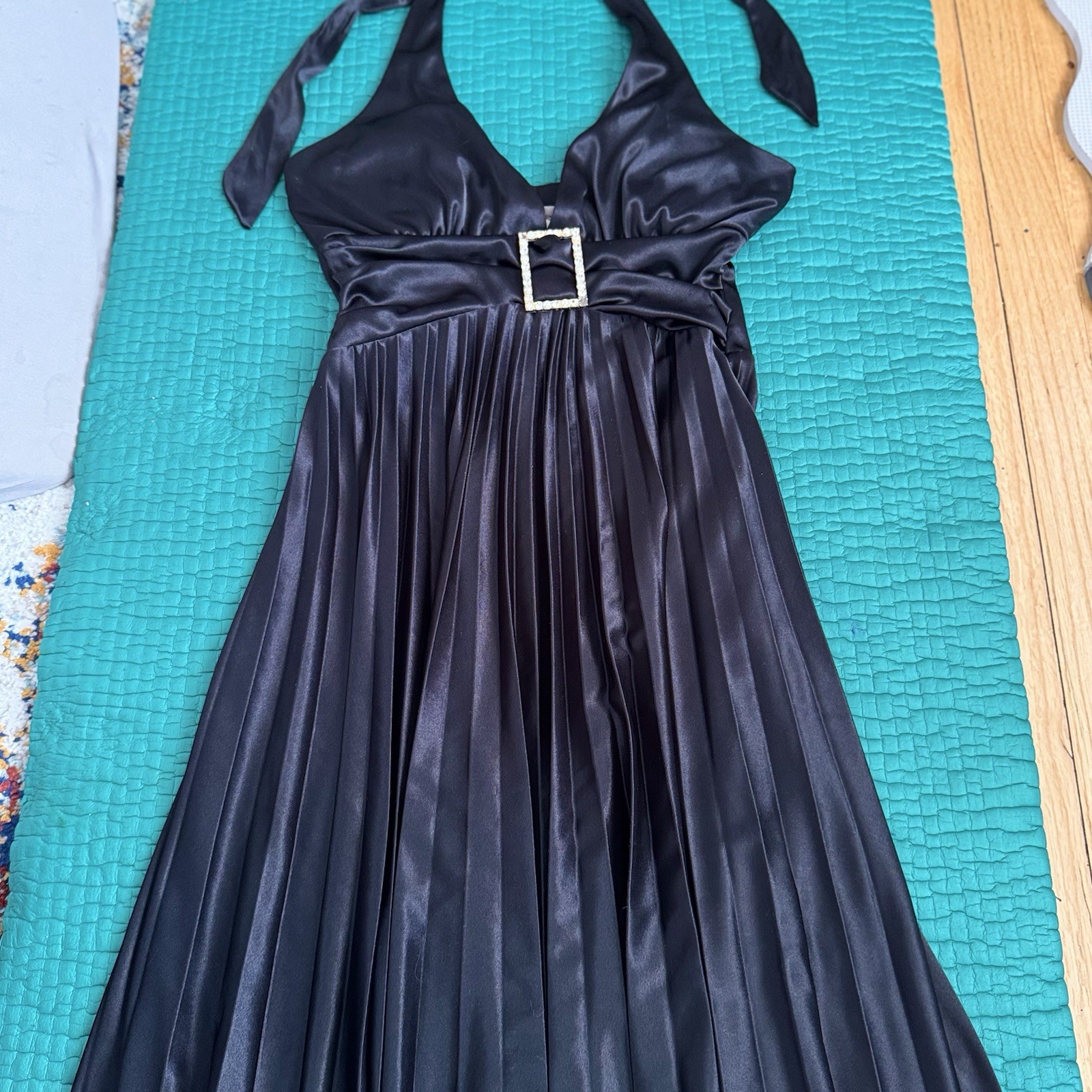 Vintage Y2K Speechless Midi Party Dress Halter Pleated Satin Black Sz S 2000s