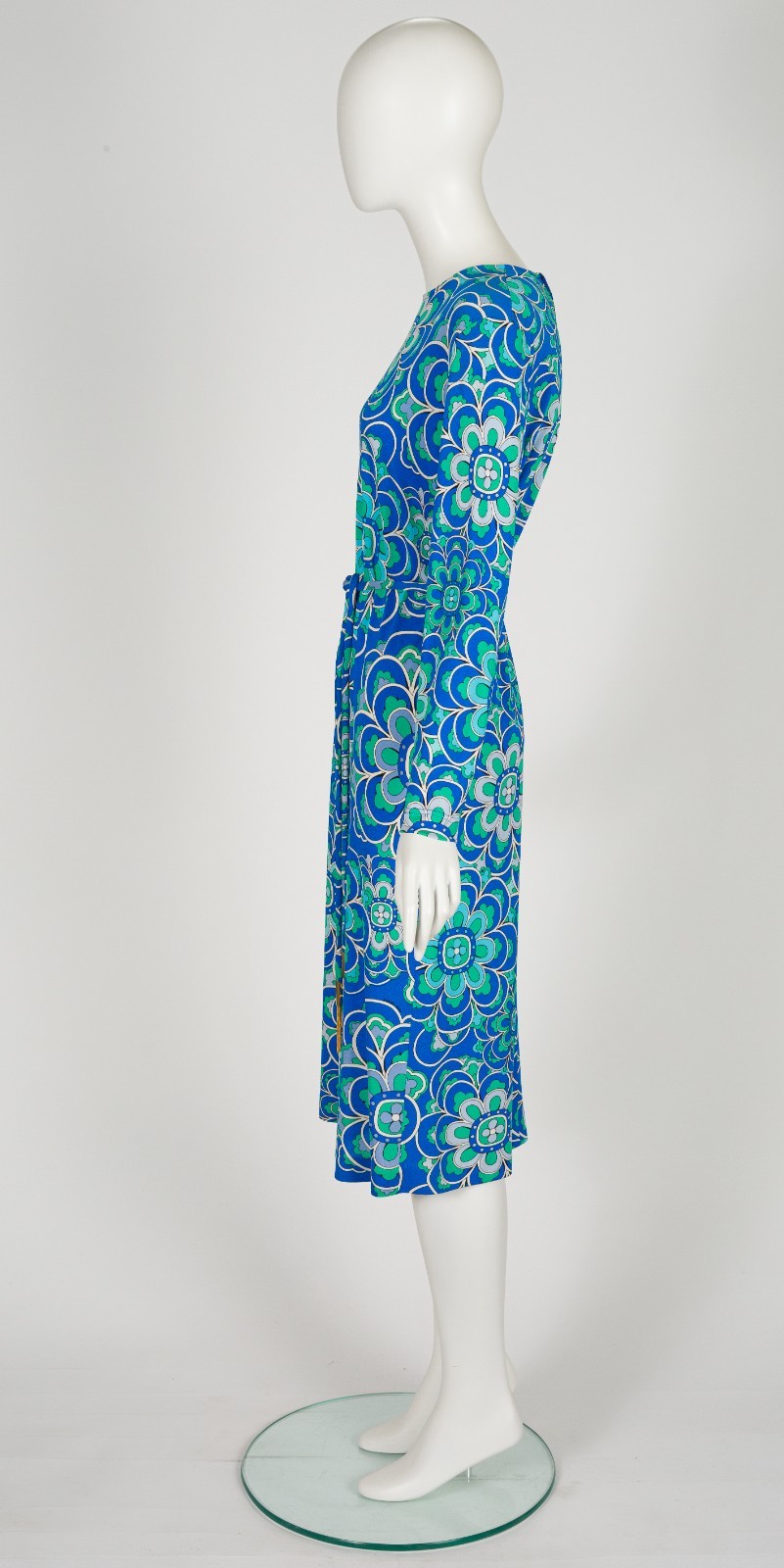 Averardo Bessi 1980s Geometric Floral Print Blue Green Silk Jersey Vintage Dress