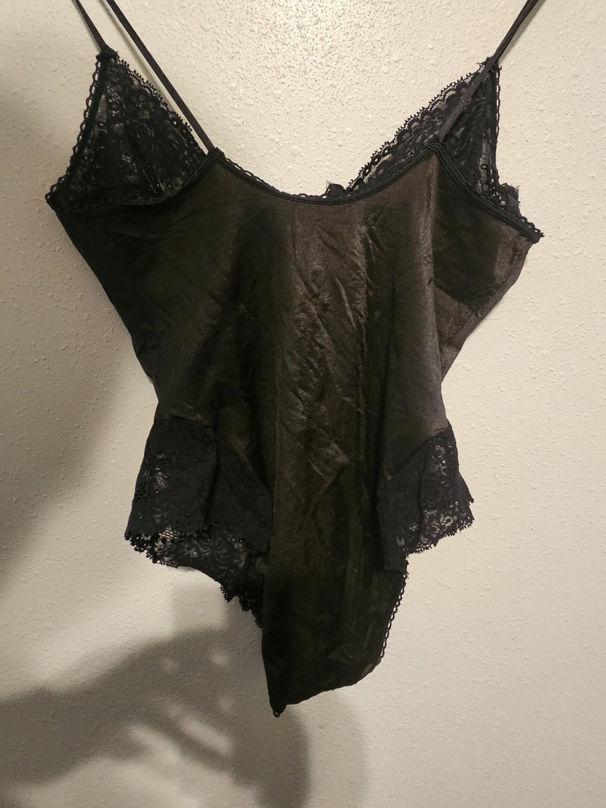 VTG Fantasies By Morgan Taylor Black Satin Lace 36C Bodysuit Lingerie Snapcrotch