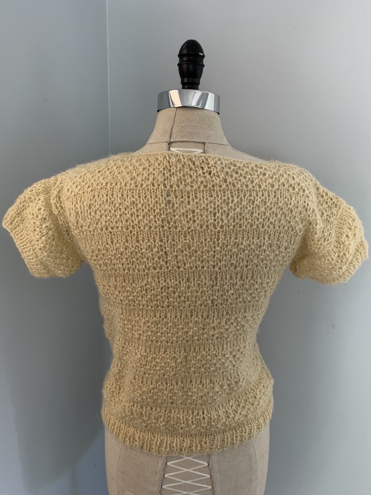 Vintage 50s Adorable Puff Ball Knit Sweater Fuzzy Crochet Coquette Sweet Boho ML